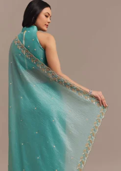 Light Blue Crushed Tissue Saree Embroidered With Cutdana And Sequins