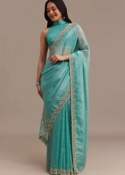Light Blue Crushed Tissue Saree Embroidered With Cutdana And Sequins