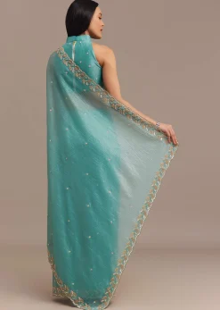 Light Blue Crushed Tissue Saree Embroidered With Cutdana And Sequins