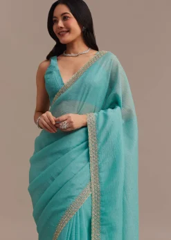 Light Blue Crushed Tissue Saree Embroidered With Cutdana And Stones