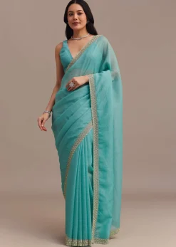 Light Blue Crushed Tissue Saree Embroidered With Cutdana And Stones