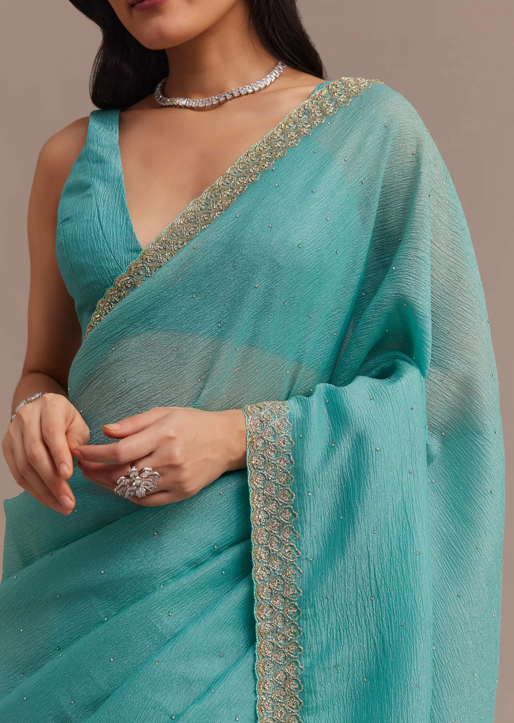 Light Blue Crushed Tissue Saree Embroidered With Cutdana And Stones