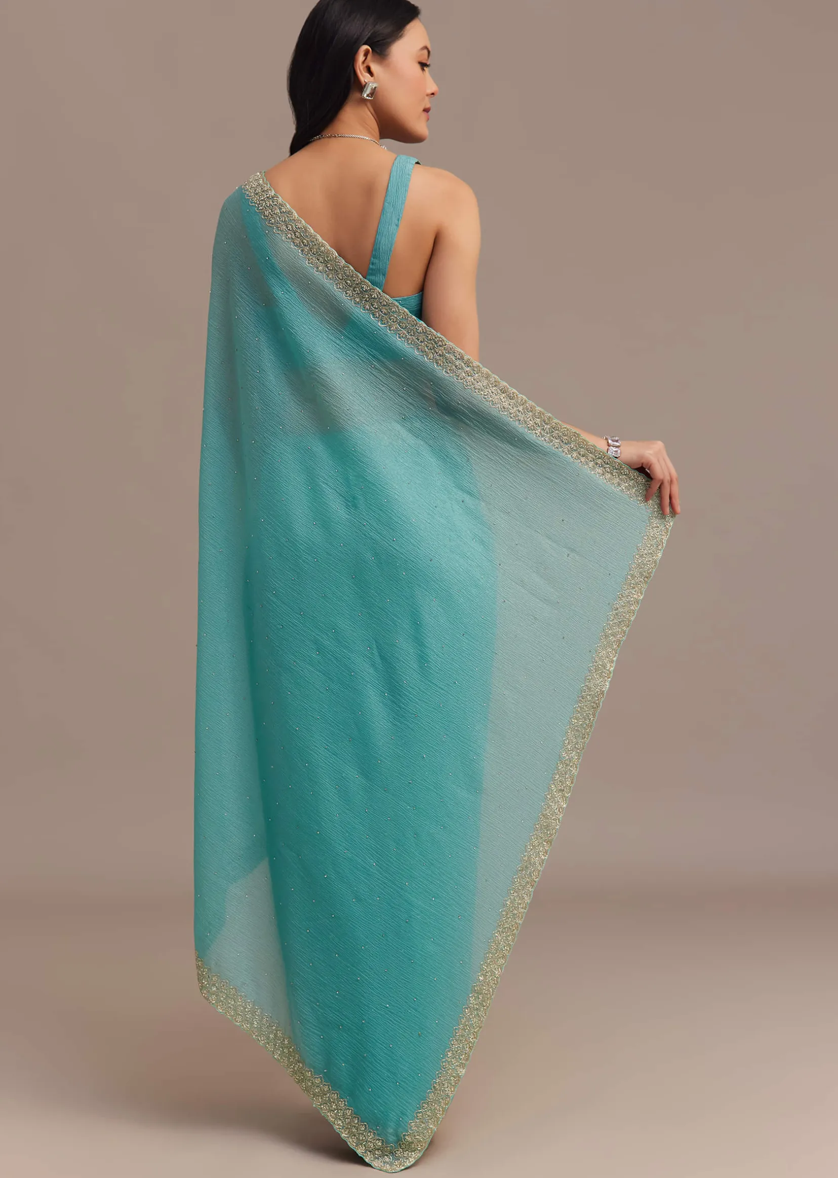 Light Blue Crushed Tissue Saree Embroidered With Cutdana And Stones