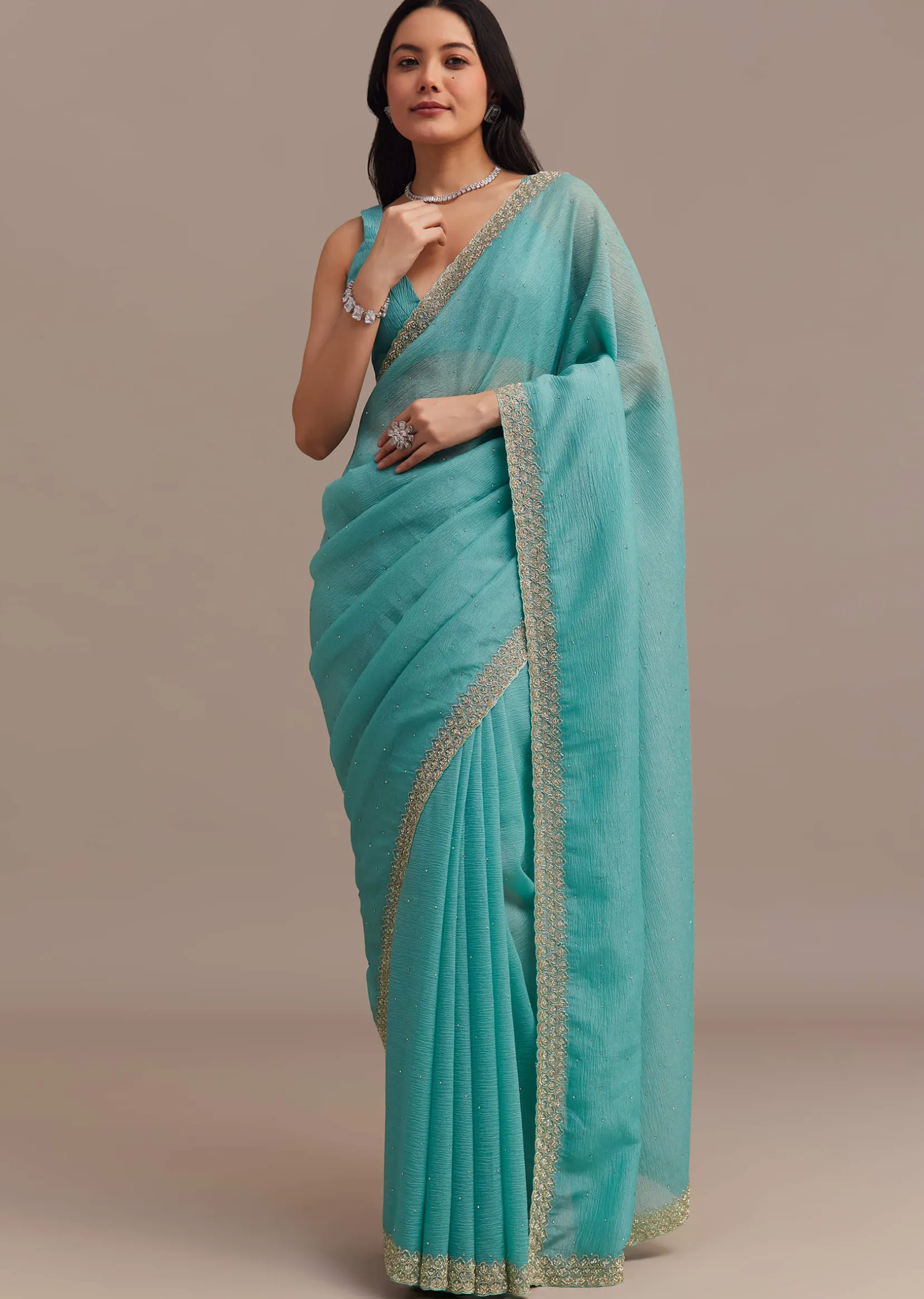 Light Blue Crushed Tissue Saree Embroidered With Cutdana And Stones