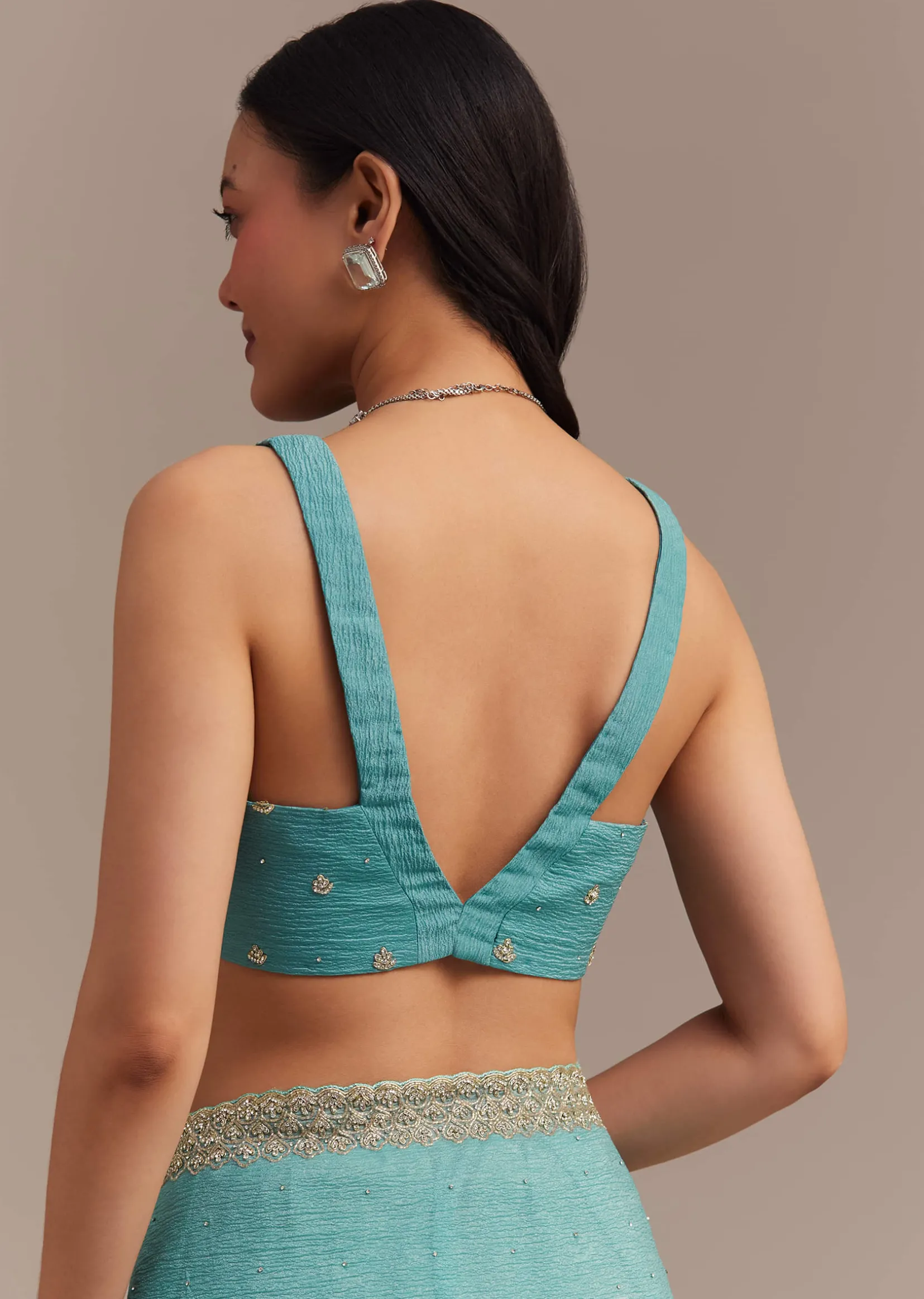 Light Blue Crushed Tissue Saree Embroidered With Cutdana And Stones