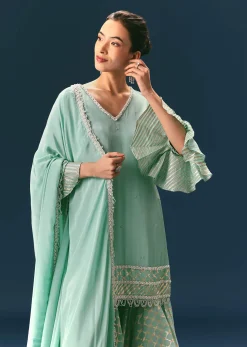 Light Blue Frill Sharara Suit With Tassel Dupatta
