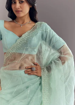 Light Blue Glass Tissue Saree With Stone Embroidery And Scallop Border