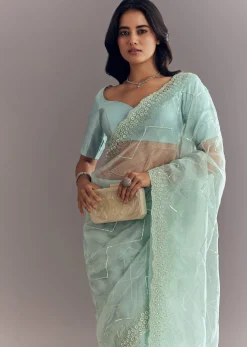 Light Blue Glass Tissue Saree With Stone Embroidery And Scallop Border