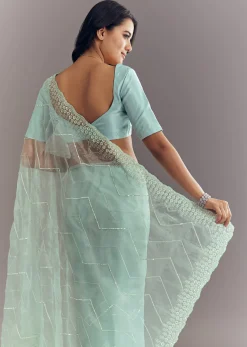 Light Blue Glass Tissue Saree With Stone Embroidery And Scallop Border