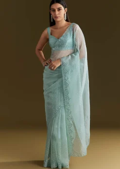 Light Blue Glossy Organza Saree With Scallop Border