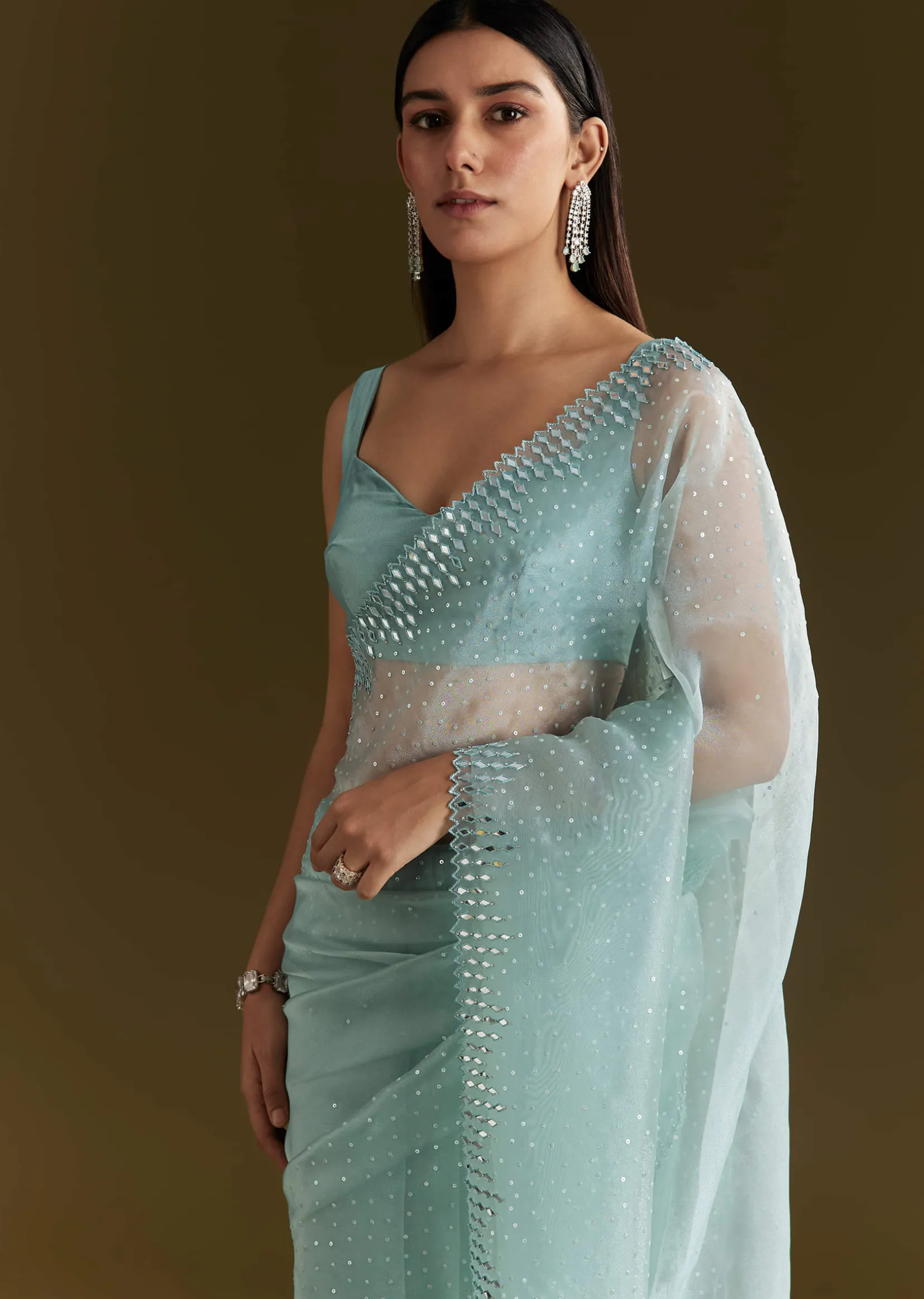 Light Blue Glossy Organza Saree With Scallop Border
