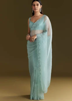 Light Blue Glossy Organza Saree With Scallop Border