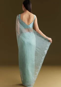 Light Blue Glossy Organza Saree With Scallop Border