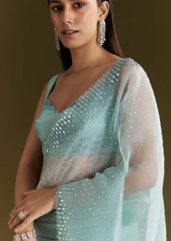 Light Blue Glossy Organza Saree With Scallop Border