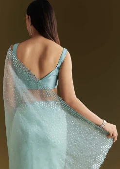 Light Blue Glossy Organza Saree With Scallop Border