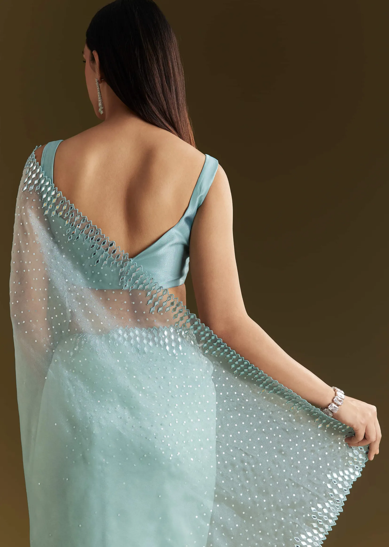 Light Blue Glossy Organza Saree With Scallop Border