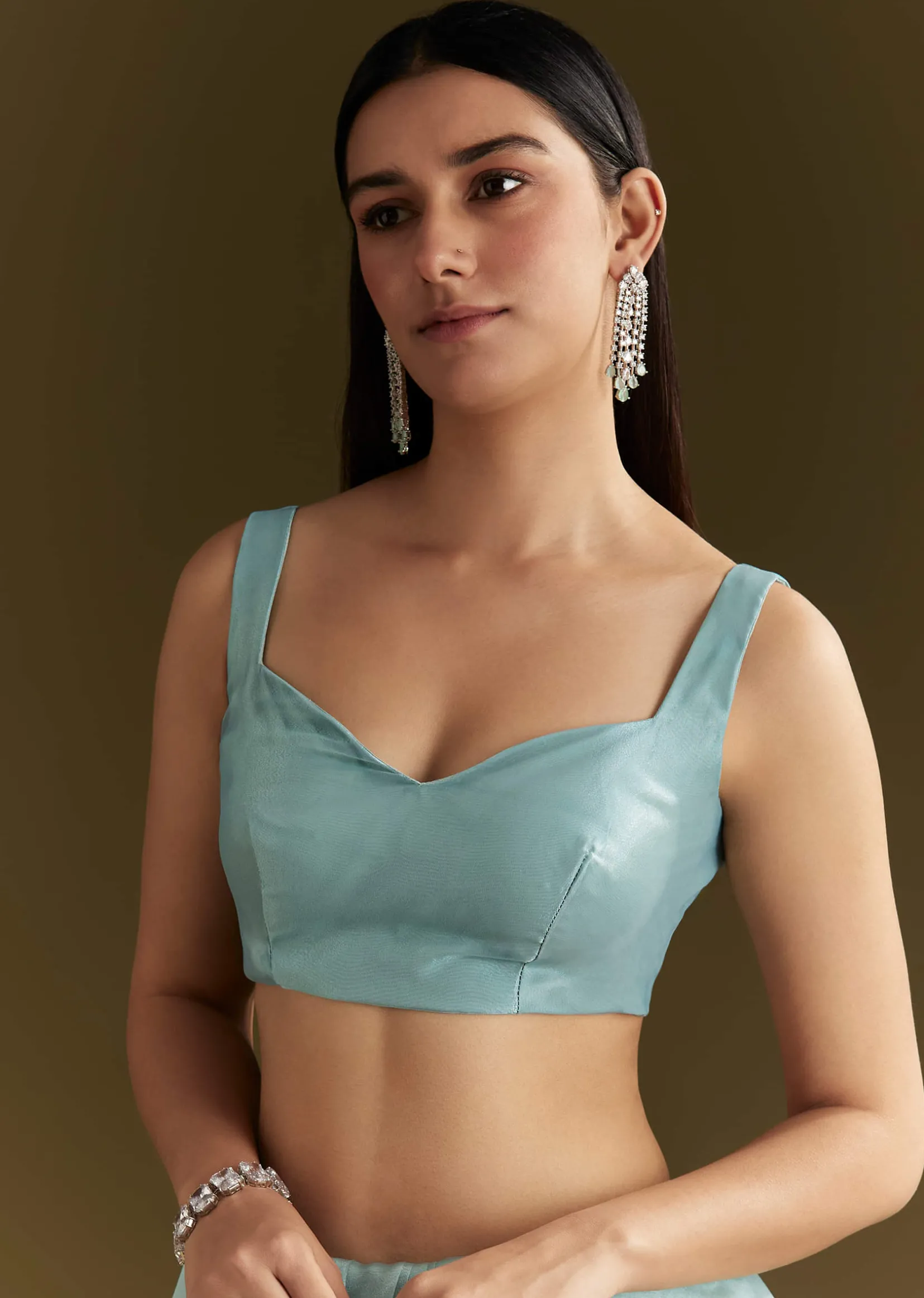 Light Blue Glossy Organza Saree With Scallop Border