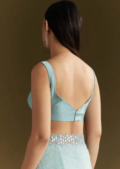 Light Blue Glossy Organza Saree With Scallop Border