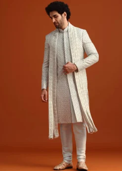 Light Blue Heavy Work Sherwani Set With Dupatta