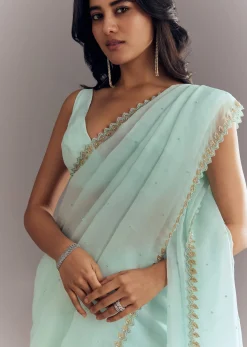 Light Blue Tissue Saree With Cutdana And Beads Embroidery And Cutwork Scallop Border