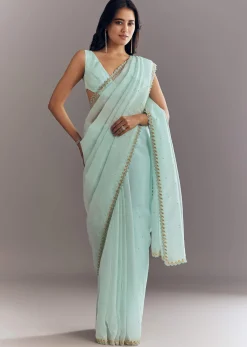 Light Blue Tissue Saree With Cutdana And Beads Embroidery And Cutwork Scallop Border