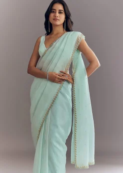 Light Blue Tissue Saree With Cutdana And Beads Embroidery And Cutwork Scallop Border