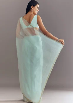 Light Blue Tissue Saree With Cutdana And Beads Embroidery And Cutwork Scallop Border