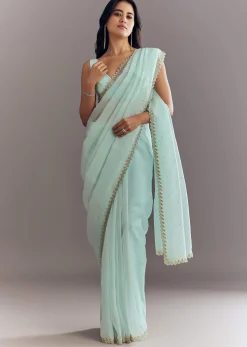 Light Blue Tissue Saree With Cutdana And Beads Embroidery And Cutwork Scallop Border