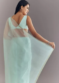 Light Blue Tissue Saree With Cutdana And Beads Embroidery And Cutwork Scallop Border