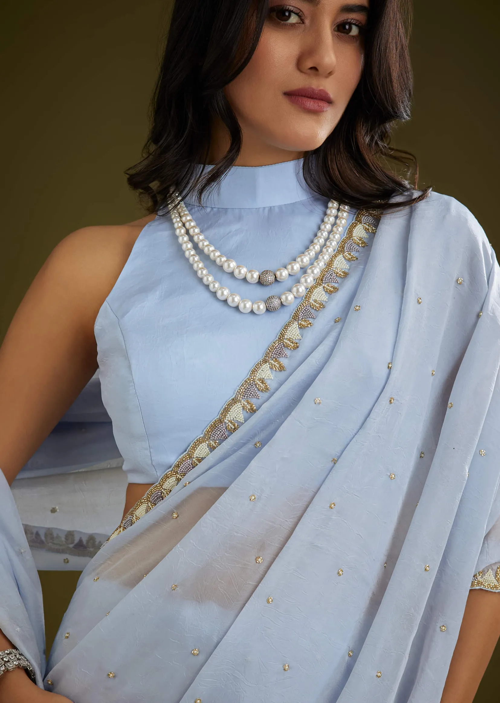 Light Blue Tissue Silk Saree With Stone Embellishment