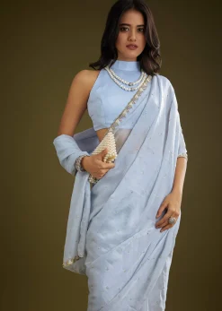 Light Blue Tissue Silk Saree With Stone Embellishment