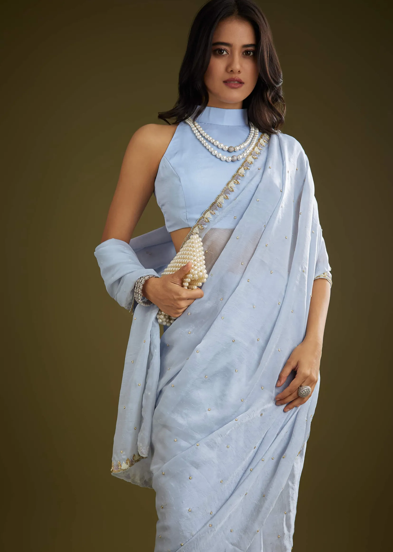 Light Blue Tissue Silk Saree With Stone Embellishment