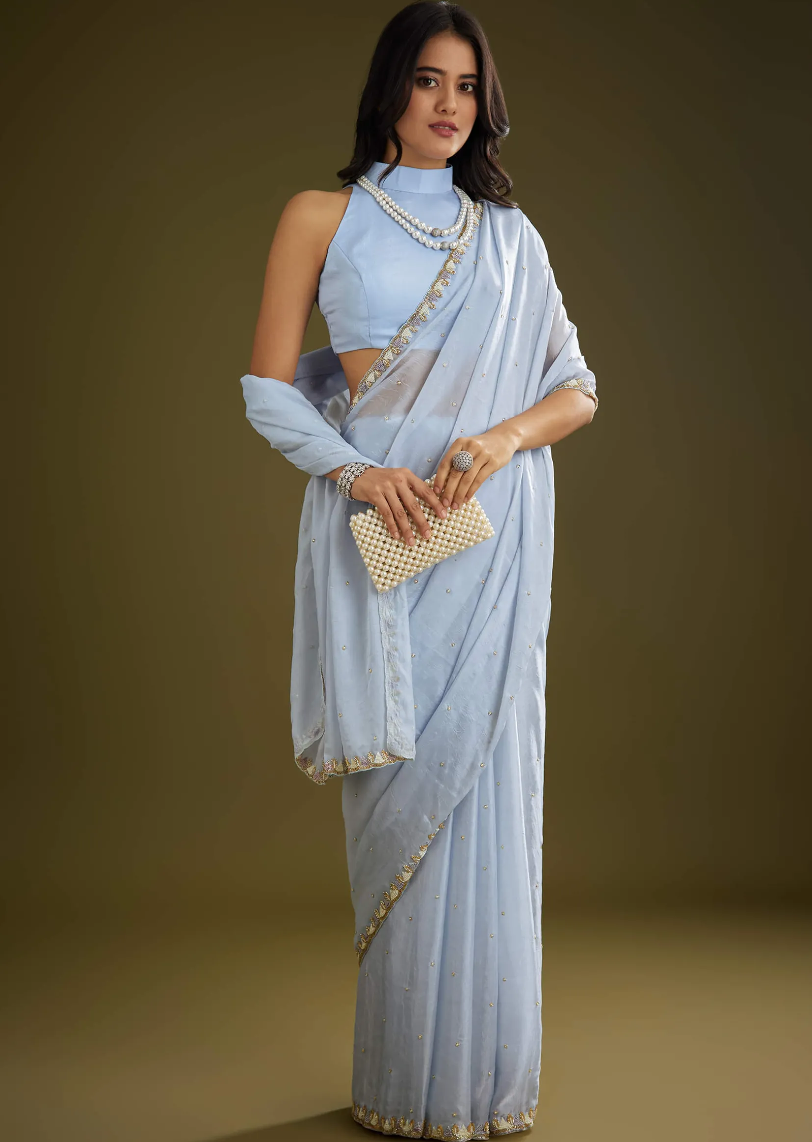Light Blue Tissue Silk Saree With Stone Embellishment