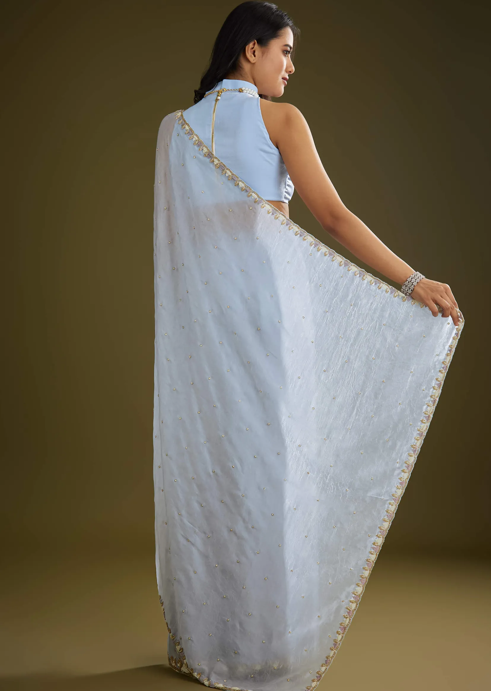 Light Blue Tissue Silk Saree With Stone Embellishment
