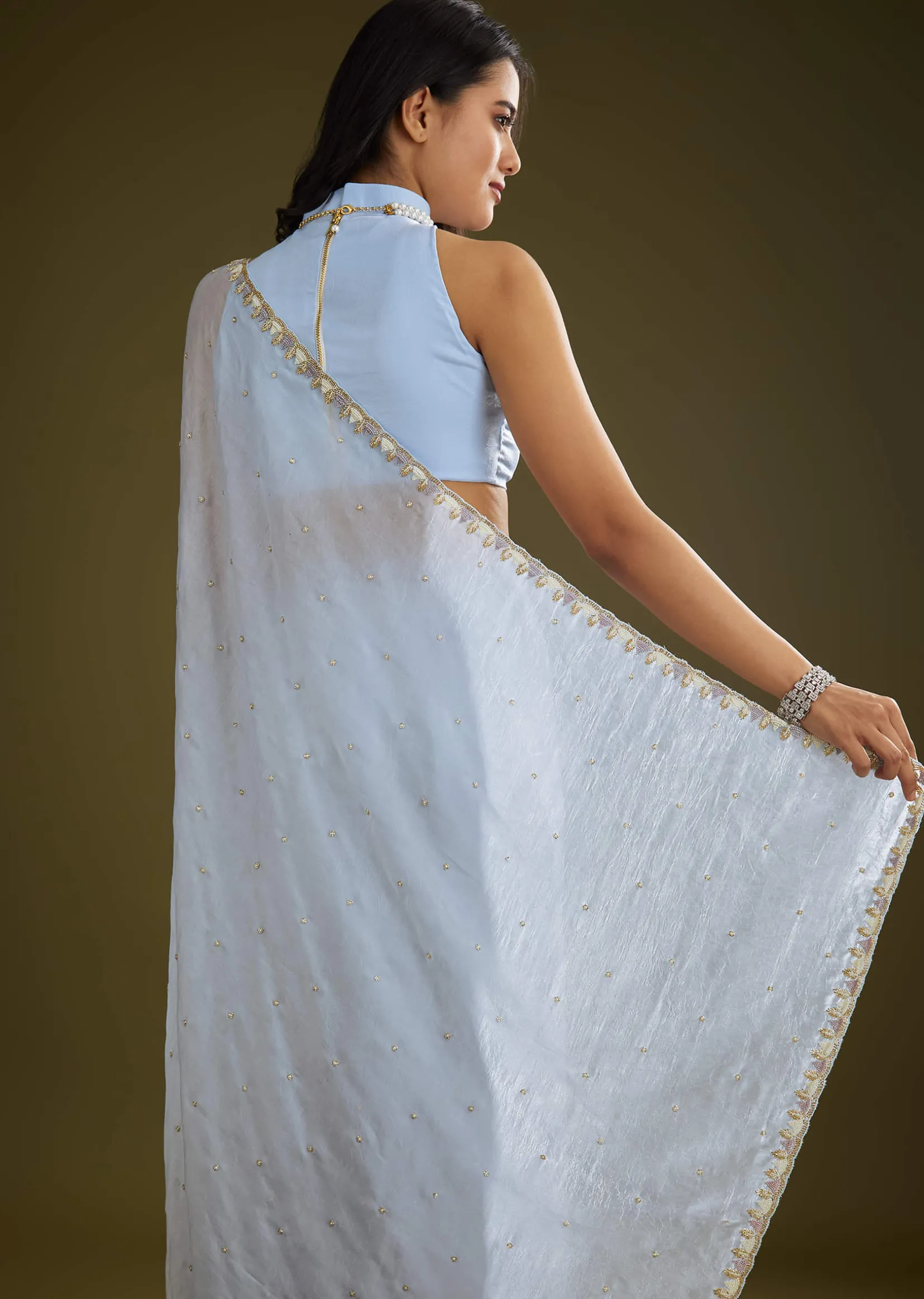 Light Blue Tissue Silk Saree With Stone Embellishment