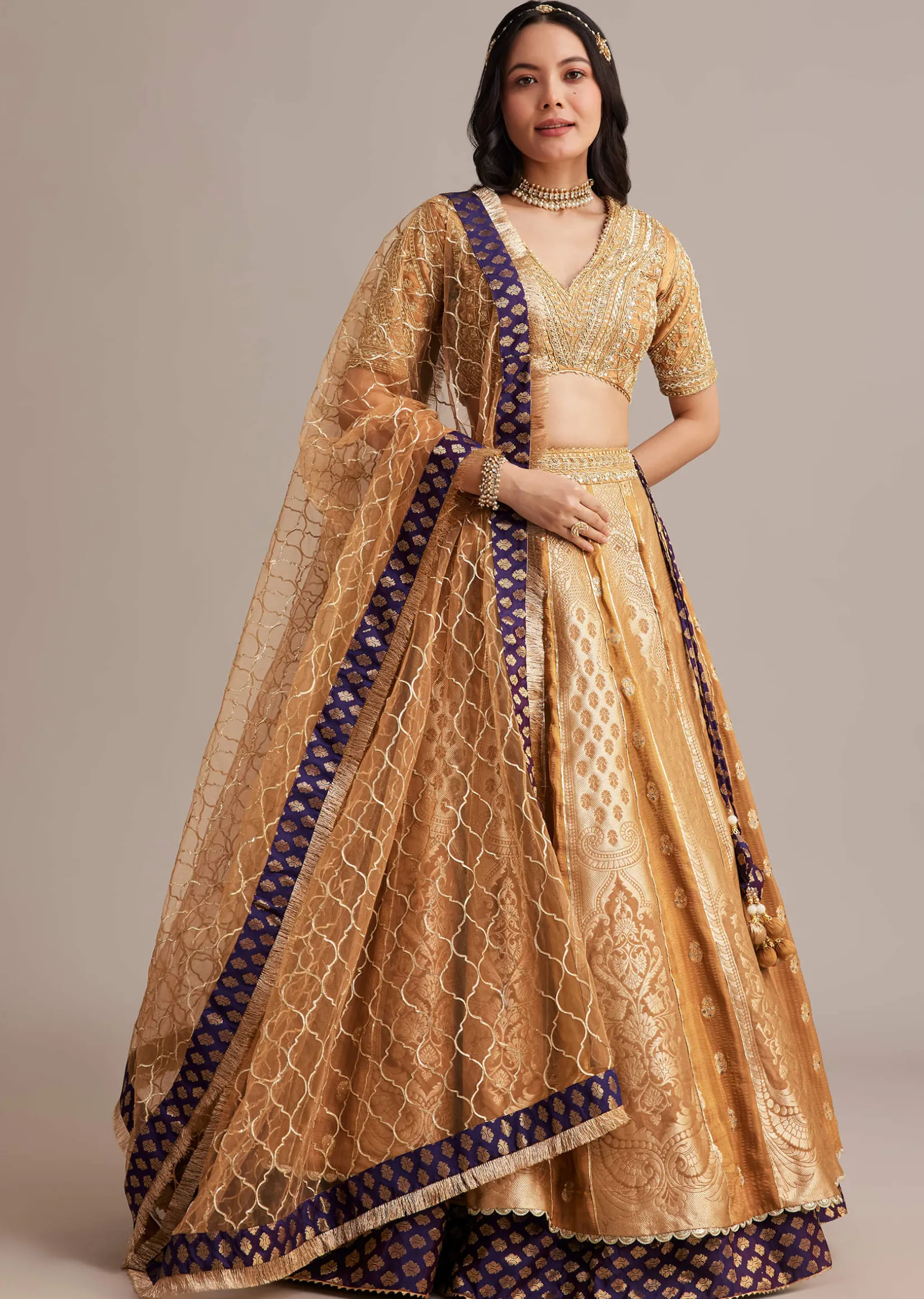 Light Brown Banarasi Silk Lehenga Set With Zardosi Work