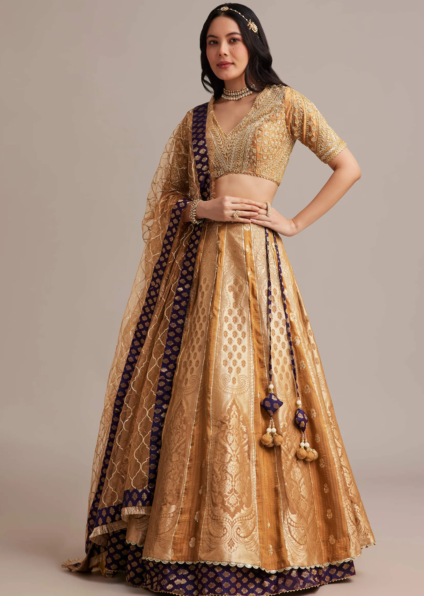 Light Brown Banarasi Silk Lehenga Set With Zardosi Work