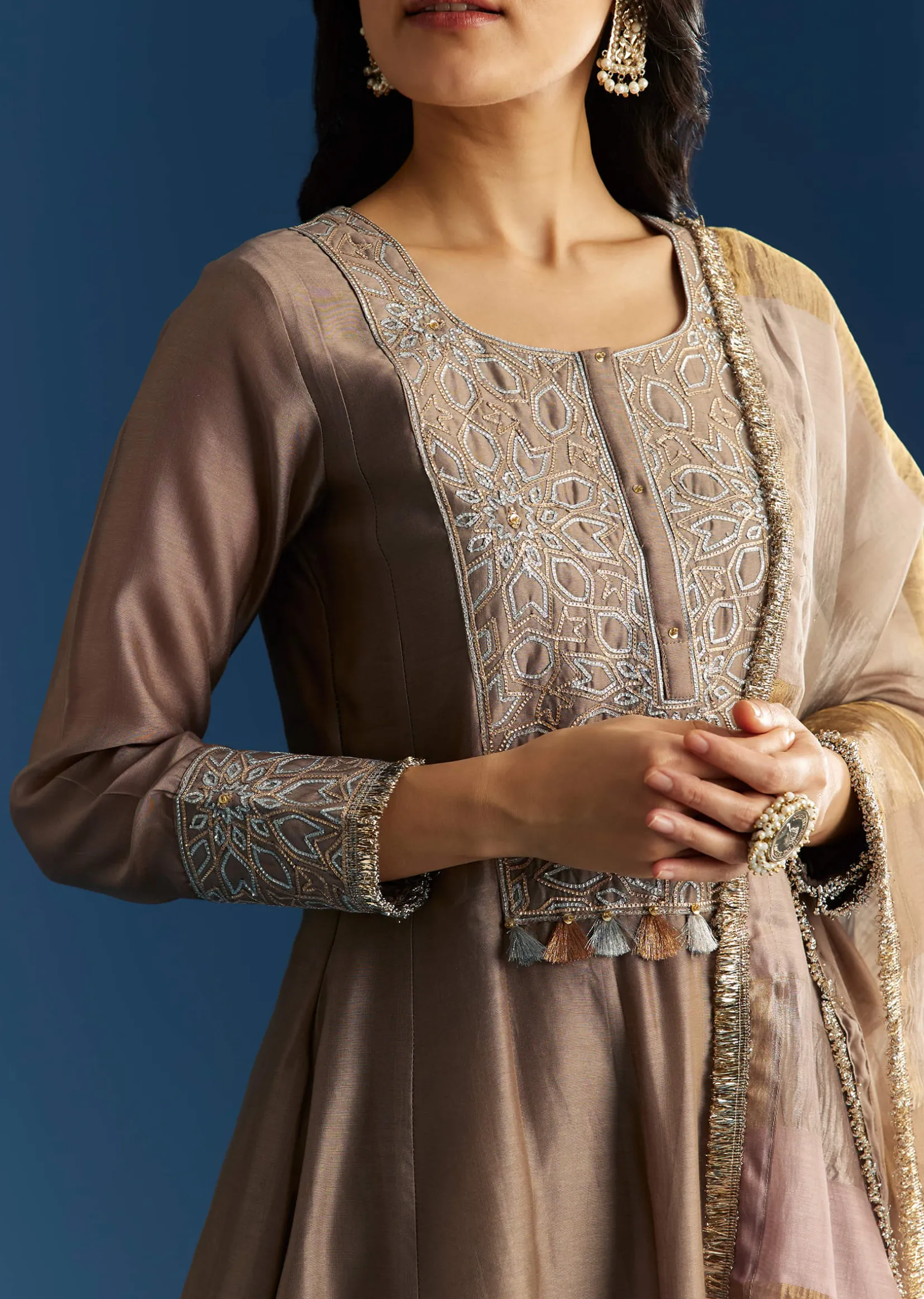 Light Brown Chanderi Anarkali With Gotta Lace And Crush Tissue Dupatta