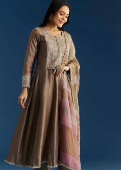 Light Brown Chanderi Anarkali With Gotta Lace And Crush Tissue Dupatta