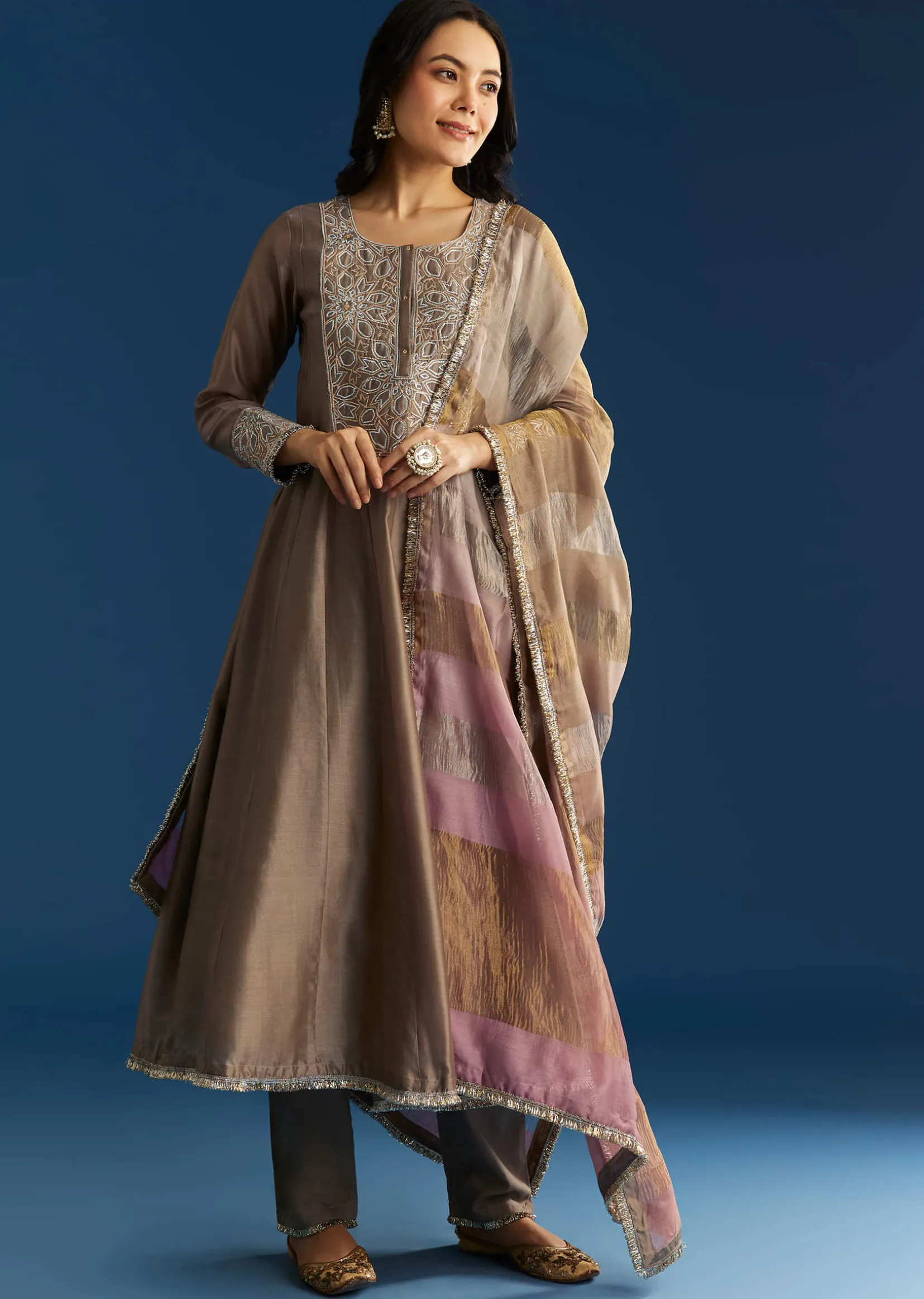 Light Brown Chanderi Anarkali With Gotta Lace And Crush Tissue Dupatta