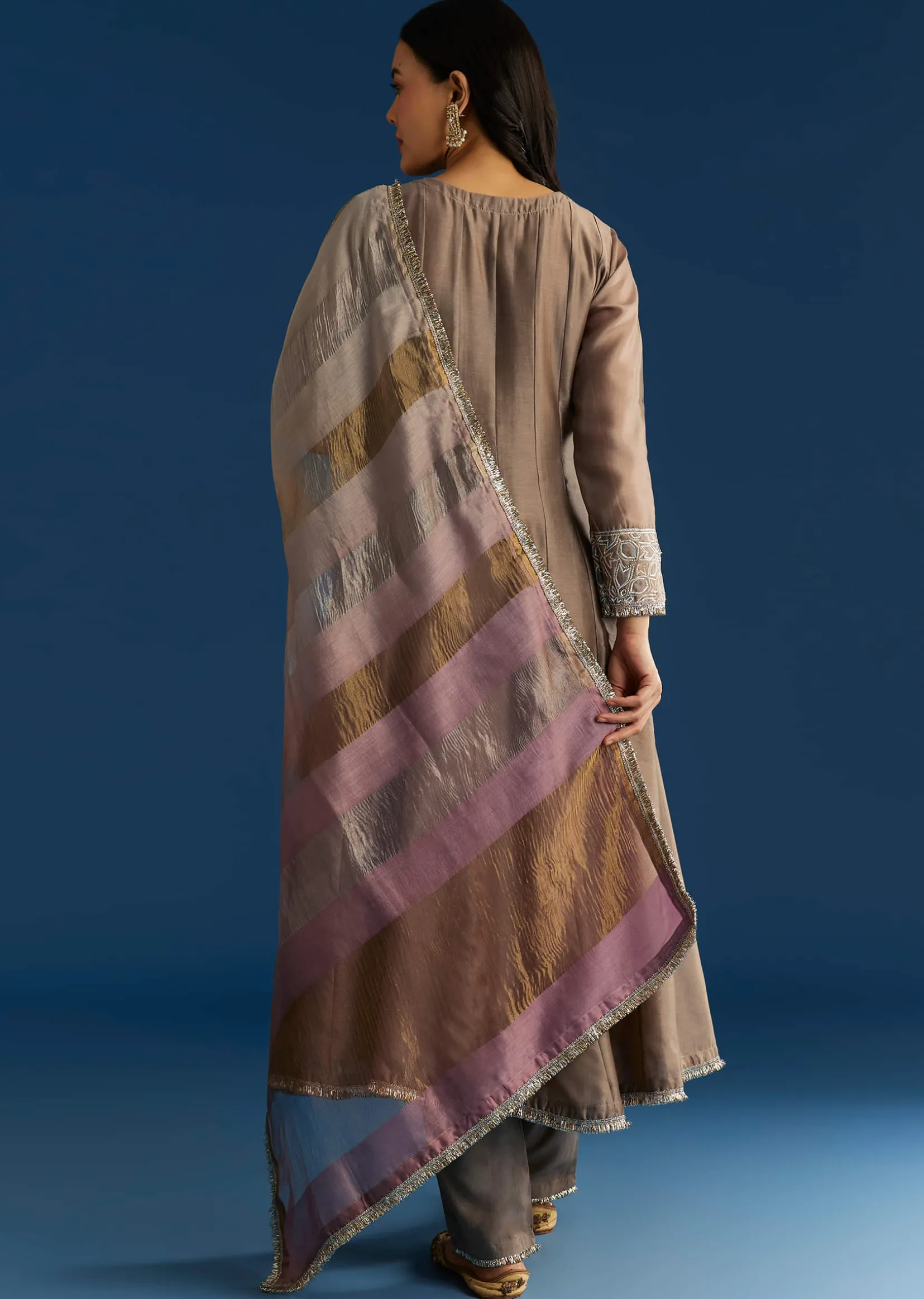 Light Brown Chanderi Anarkali With Gotta Lace And Crush Tissue Dupatta