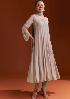 Light Brown Chinon Anarkali Suit With Moti And Zardosi Work
