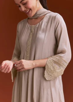 Light Brown Chinon Anarkali Suit With Moti And Zardosi Work