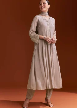 Light Brown Chinon Anarkali Suit With Moti And Zardosi Work