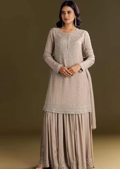 Light Brown Kurta Set With Sequins Palazzo And Dupatta
