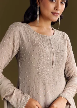 Light Brown Kurta Set With Sequins Palazzo And Dupatta