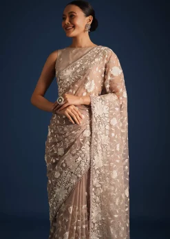 Light Brown Organza Resham Thread Embroidered Saree