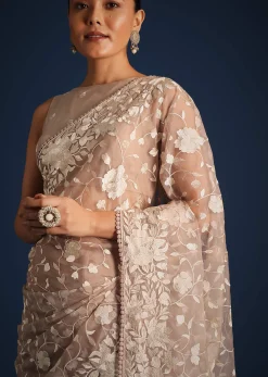 Light Brown Organza Resham Thread Embroidered Saree