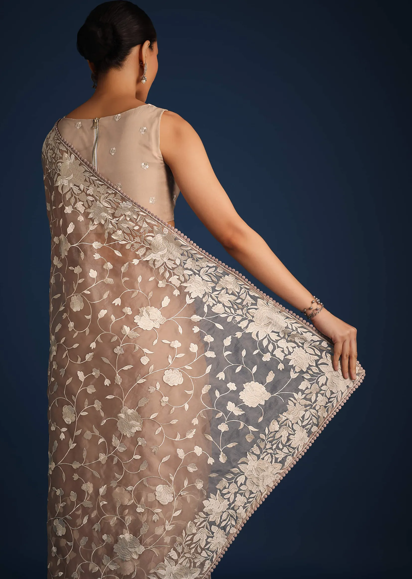 Light Brown Organza Resham Thread Embroidered Saree