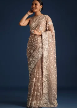Light Brown Organza Resham Thread Embroidered Saree